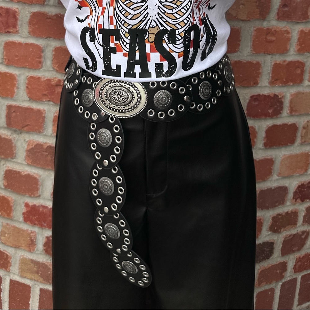 Black Faux Leather Silver Conch Belt